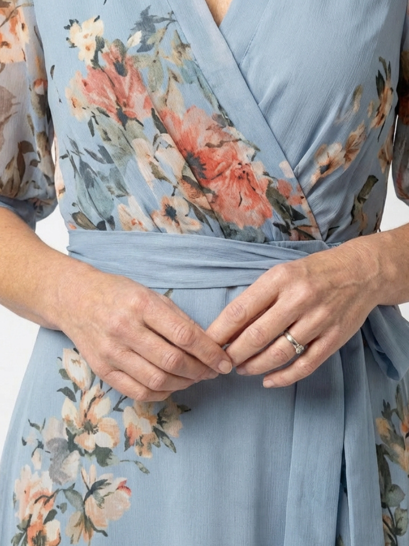 Katell — Blue Floral Wrap Maxi Dress with Tie Waist and Three-Quarter Sleeves