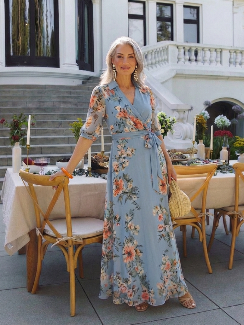 Katell — Blue Floral Wrap Maxi Dress with Tie Waist and Three-Quarter Sleeves