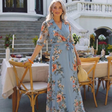 Katell — Blue Floral Wrap Maxi Dress with Tie Waist and Three-Quarter Sleeves