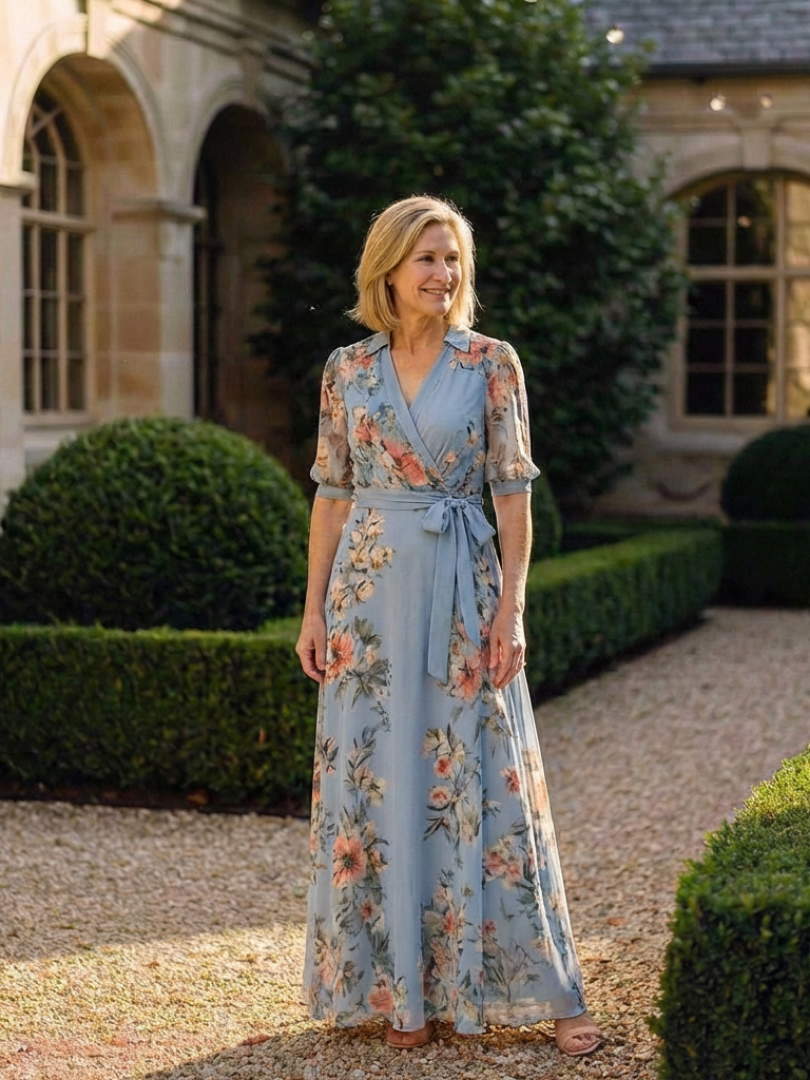Katell — Blue Floral Wrap Maxi Dress with Tie Waist and Three-Quarter Sleeves