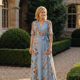 Katell — Blue Floral Wrap Maxi Dress with Tie Waist and Three-Quarter Sleeves