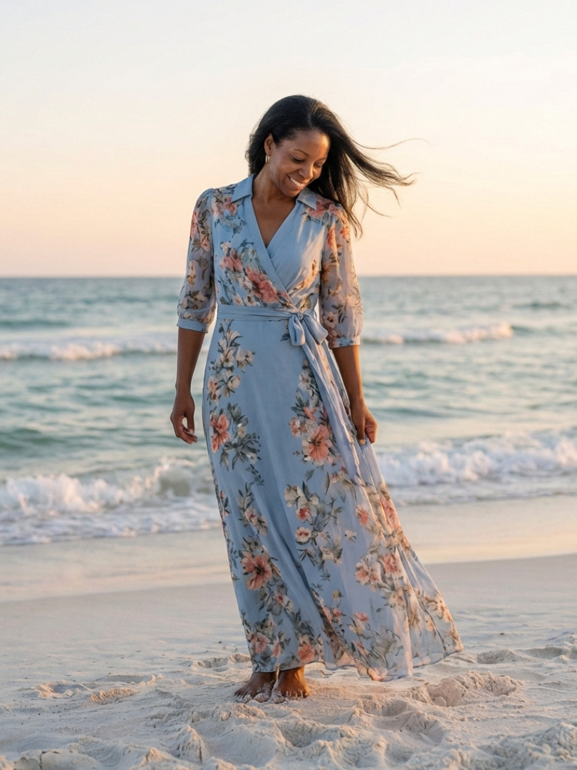 Katell — Blue Floral Wrap Maxi Dress with Tie Waist and Three-Quarter Sleeves