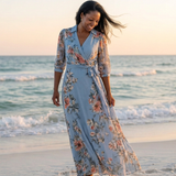Katell — Blue Floral Wrap Maxi Dress with Tie Waist and Three-Quarter Sleeves