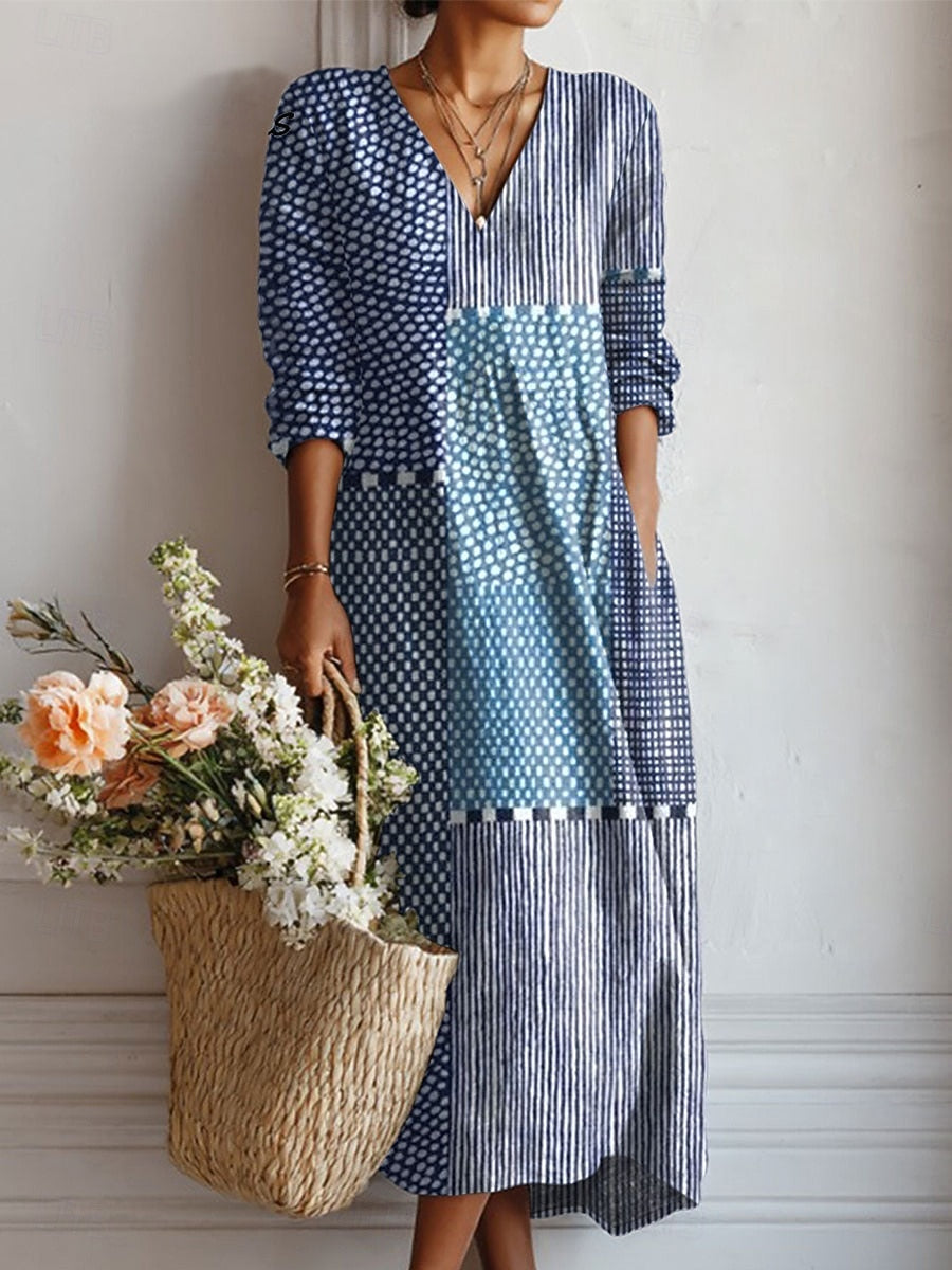 Cari — Blue Polka-Dot Patchwork V-Neck Boho Maxi Dress