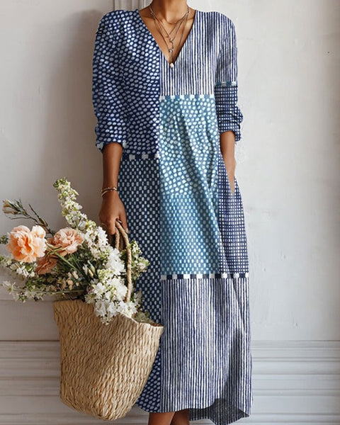 Cari — Blue Polka-Dot Patchwork V-Neck Boho Maxi Dress