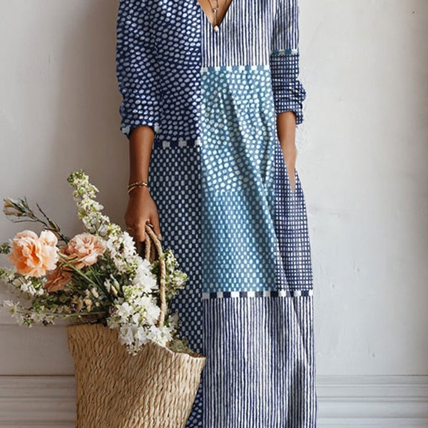 Cari — Blue Polka-Dot Patchwork V-Neck Boho Maxi Dress