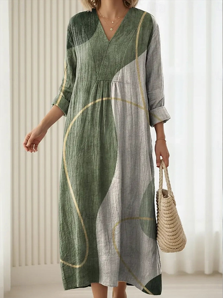 Anke — Sage Abstract Curve-Print V-Neck Boho Maxi Dress