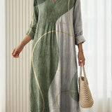 Anke — Sage Abstract Curve-Print V-Neck Boho Maxi Dress