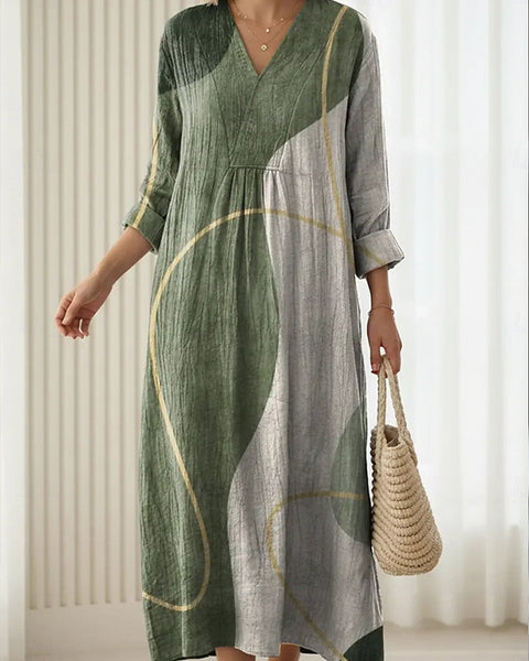 Anke — Sage Abstract Curve-Print V-Neck Boho Maxi Dress