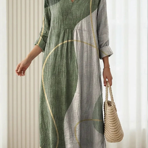 Anke — Sage Abstract Curve-Print V-Neck Boho Maxi Dress
