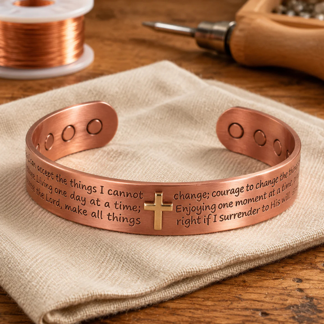 Jana — Cross and Verse Engraved Wide Copper-Tone Cuff Bracelet