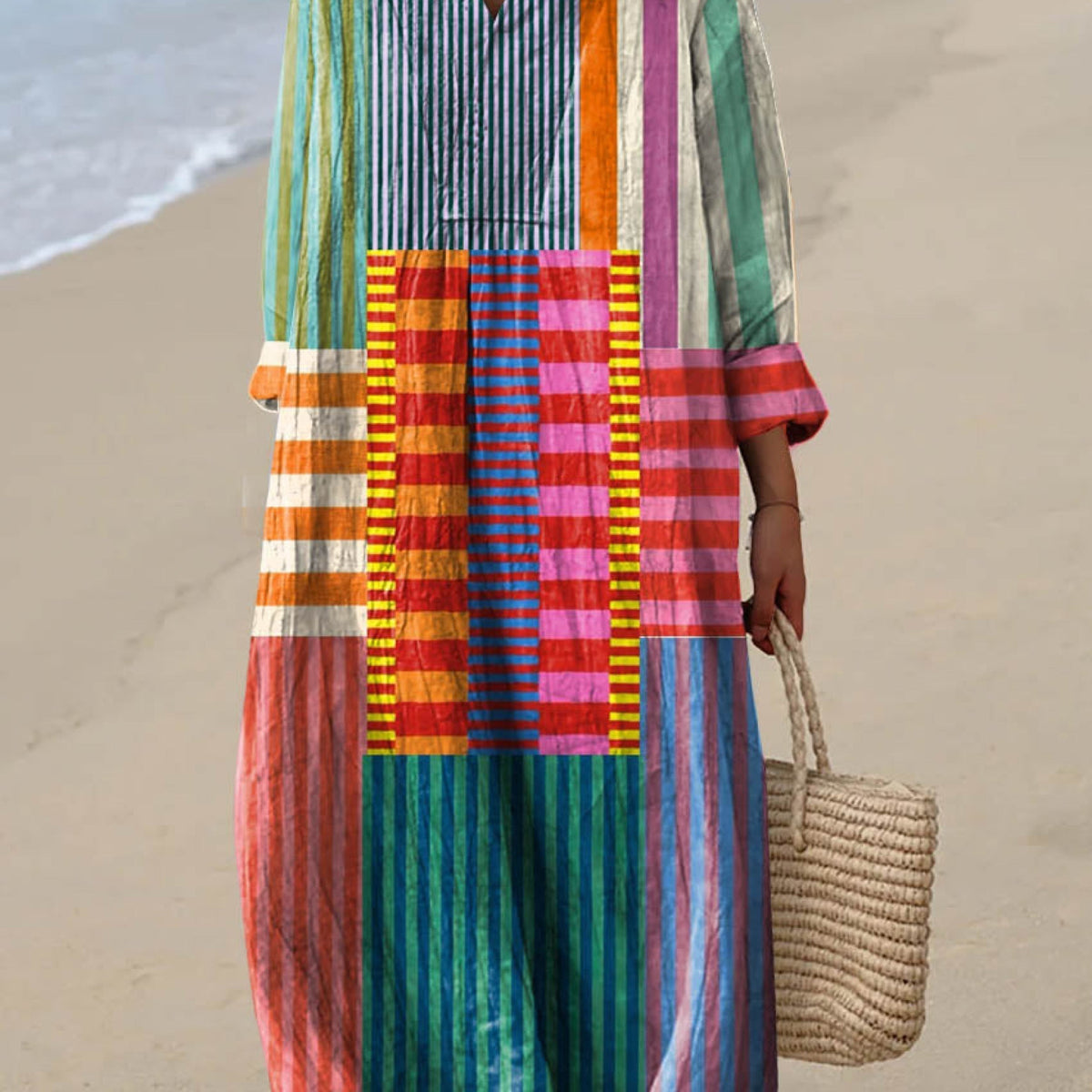 Daniella — Striped Patchwork-Check Midi Dress