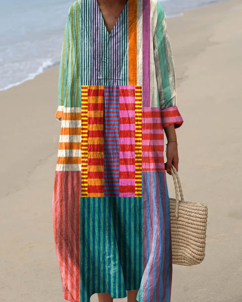 Daniella — Striped Patchwork-Check Midi Dress
