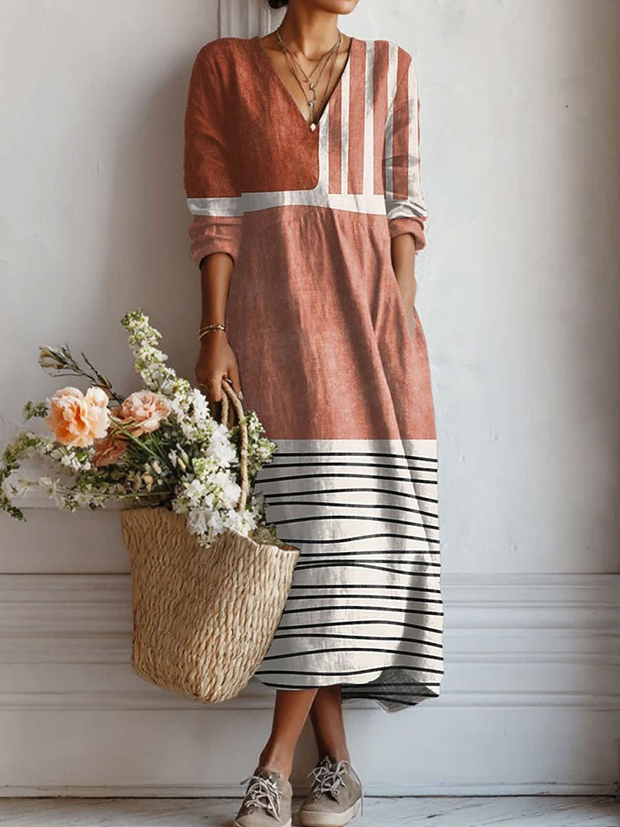 Althea — Terracotta Colour-Block Stripe V-Neck Boho Maxi Dress