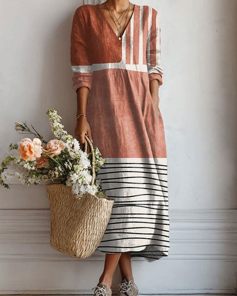Althea — Terracotta Colour-Block Stripe V-Neck Boho Maxi Dress