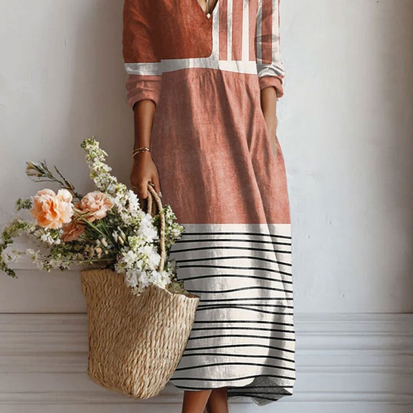 Althea — Terracotta Colour-Block Stripe V-Neck Boho Maxi Dress