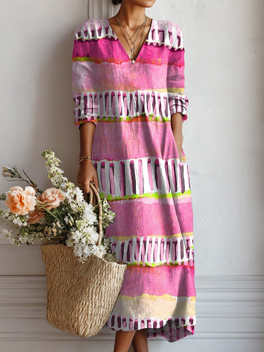 Brea — Pink Tie-Dye Stripe V-Neck Boho Maxi Dress