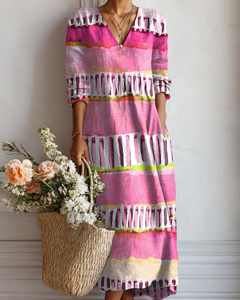 Brea — Pink Tie-Dye Stripe V-Neck Boho Maxi Dress