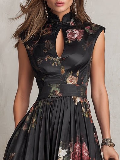 Laurentia — Floral Midi Dress with Keyhole Collar and Pleated Skirt
