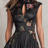 Laurentia — Floral Midi Dress with Keyhole Collar and Pleated Skirt