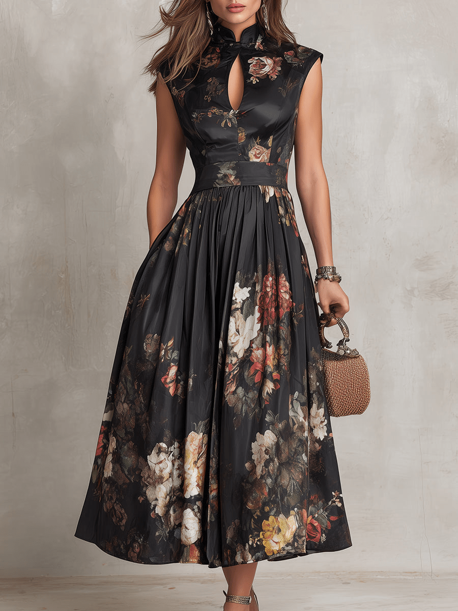 Laurentia — Floral Midi Dress with Keyhole Collar and Pleated Skirt
