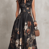 Laurentia — Floral Midi Dress with Keyhole Collar and Pleated Skirt