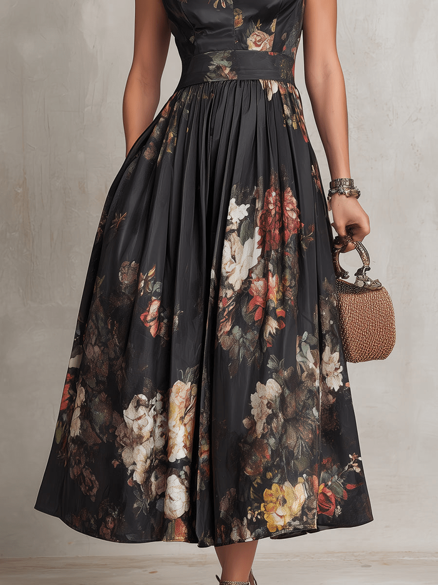 Laurentia — Floral Midi Dress with Keyhole Collar and Pleated Skirt