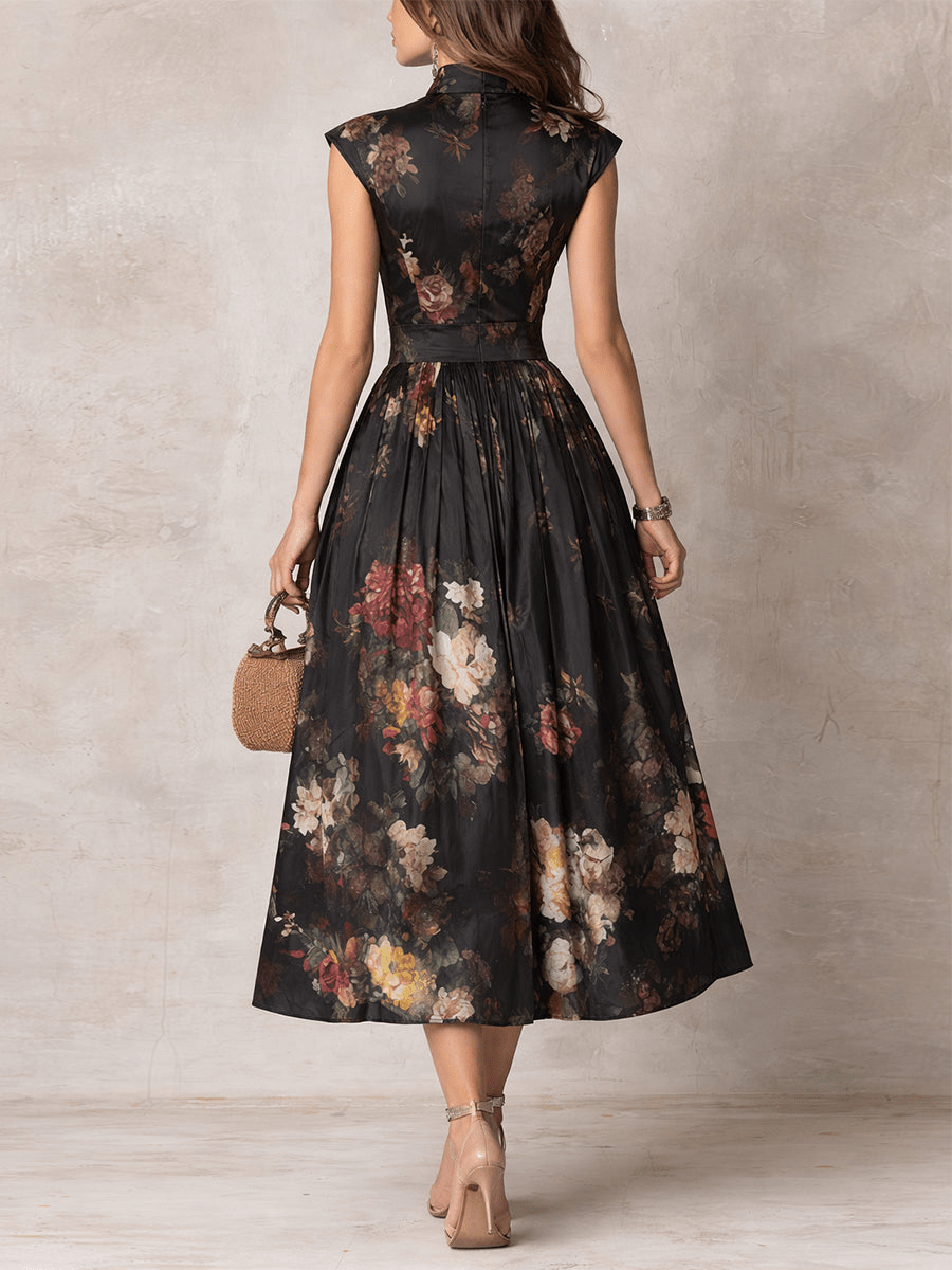 Laurentia — Floral Midi Dress with Keyhole Collar and Pleated Skirt