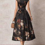 Laurentia — Floral Midi Dress with Keyhole Collar and Pleated Skirt